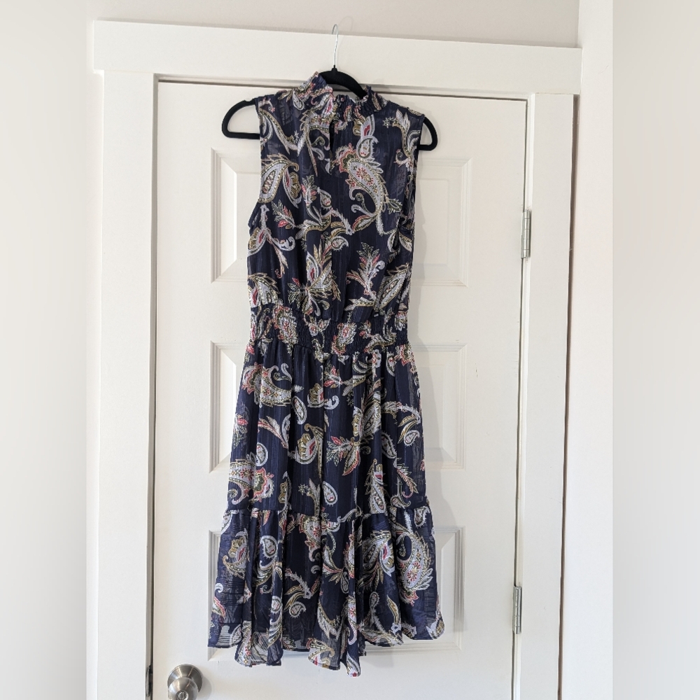Nanette Lepore Navy Paisley High-Neck Smocked Midi Dress Size 8 - Picture 5 of 10